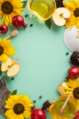Rosh Hashanah vertical composition featuring honey, apples, pomegranates, blackberries, and sunflowers symbolizing a sweet new year