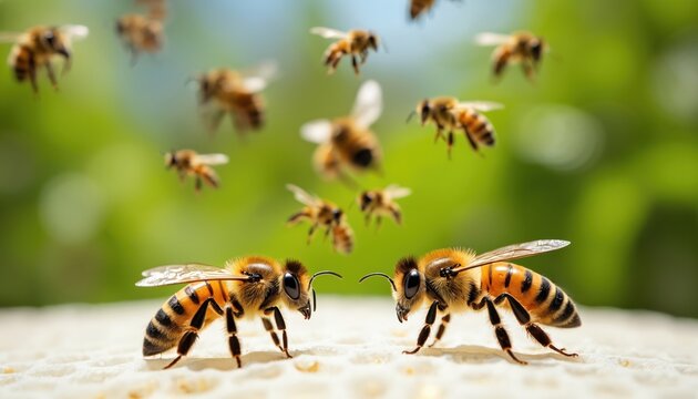 Two bees face off on honeycomb surface. Swarm of bees flies in blurred green background. Macro view captures insects interacting with hexagonal structure, suggesting pollination, agriculture, nature.
