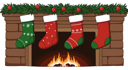 Christmas socks hanging on the mantel with festive decorations and a warm fireplace background