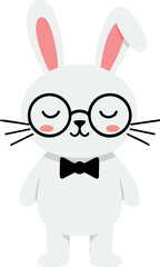 Cute white bunny wearing glasses and bow tie with closed eyes in vector style illustration