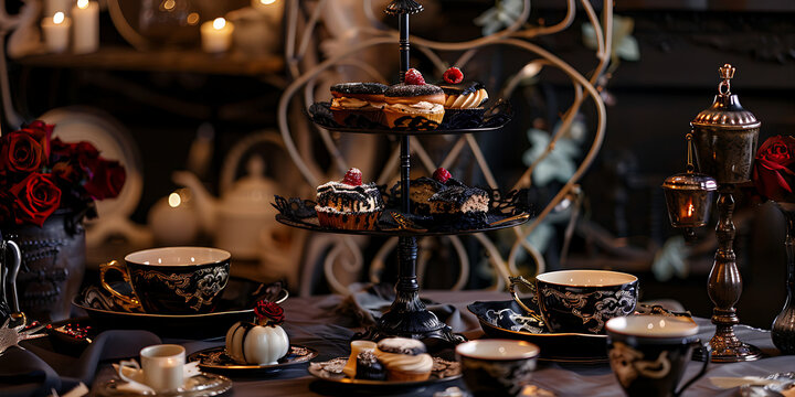 "Tea Set with Floral Patterns Featuring a Tiered Cake Stand and Elegant Cups on a Table"
