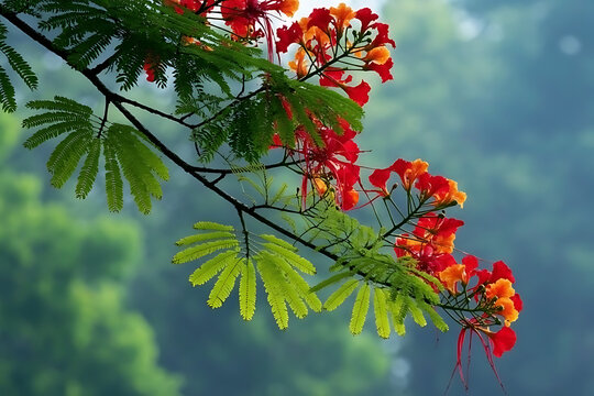 A close up of flamboyant tree flowers and leaves against a blurred background in soft light