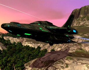 Futuristic spaceship over landscape