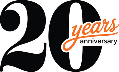Bold black number 20 with orange text celebrating twenty years anniversary