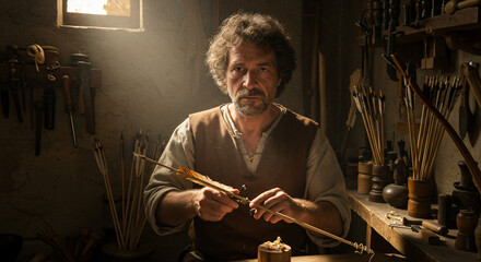 Skilled craftsman meticulously crafting an arrow in his traditional workshop, bathed in warm light