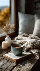 Cozy autumn interior soft blanket burning candles