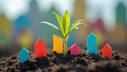 Plant seedling sprouts from soil surrounded by colorful miniature houses government stimulus. Economic recovery, job creation programs foster community growth. Investment policy creates positive