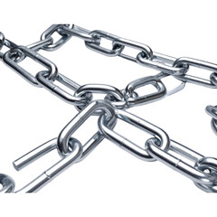 Obraz premium A close-up view of a heavy-duty metal chain with interlocked links on a white background. It represents strength, connection, security, industry, and the power of a strong bond.