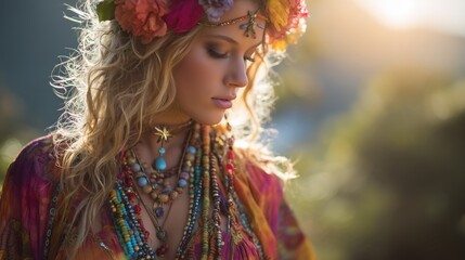 Bohemian woman adorned with flower crown and layered jewelry in golden light