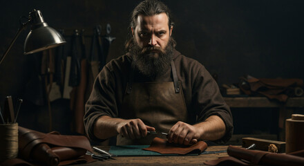 Bearded craftsman meticulously working with leather and tools in a dimly lit workshop