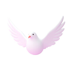 Fototapeta premium A beautiful 3D white dove flies with its wings spread wide against a white background. A symbol of peace, freedom, love, hope, and spirituality.