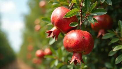 Pomegranate tree plantation during picking season. Ripe red fruits on green branches, rich foliage. Sunny day in Turkey showcases organic, healthy produce. Farming, agronomy themes.