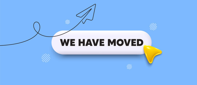 We have moved search bar. Share plane line icon. We have moved. Move new address sign. Place relocate symbol. Search button with 3d cursor. Vector