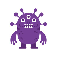 Fototapeta premium A cartoon purple monster with three eyes, teeth, and spots, perfect for childrens illustrations and funny designs