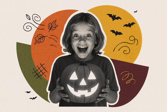 modern collage of Excited child holding a glowing jack-o'-lantern with Halloween-themed illustrations and autumn colors