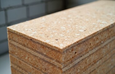 OSB slab building material made from reborn sawdust. Stacked panels display coarse textured surface with visible wood chips. Ideal for construction, DIY projects, as natural interior design element.