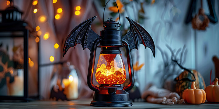 "Halloween Scene with Glowing Lantern Featuring Bat Wings, Pumpkins, and Festive Lights"