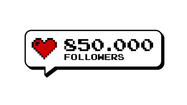 Social media notification with 850k followers in a comment balloon. Retro 8-bits pixelated game style design with a heart icon. Modern neubrutalism badge for online engagement and milestone.