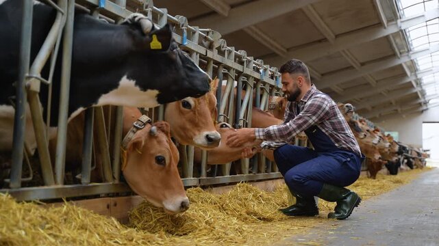 Farmer feeding cows in barn