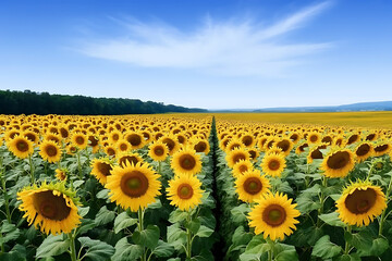 A vast field filled with sunflowers under a bright blue sky with scattered clouds on a sunny summer day