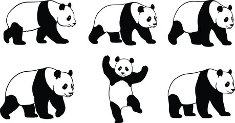 Panda illustrations set, cartoon style, black and white, various poses, cute animal, wildlife, flat design, outline, bear, vector art © Best_Design
