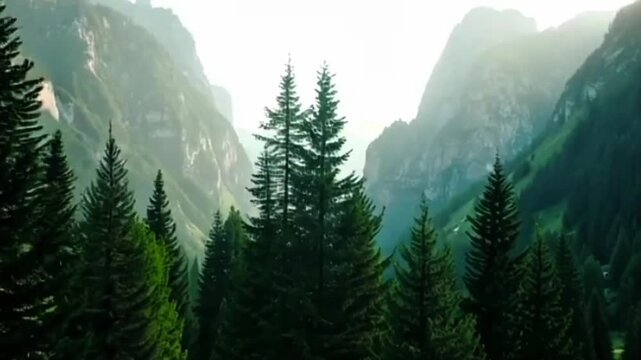 An AI-generated video of beautiful mountain scenery with lush green pine trees and a wooden cabin. Creates a calm, peaceful, and natural atmosphere. Ideal for themes of nature, travel, vacation, and t