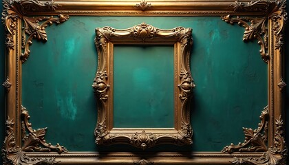 Ornate antique gold frame with intricate floral pattern. Decorative border on textured green background. Vintage, elegant, luxurious, classic style for art or photo.