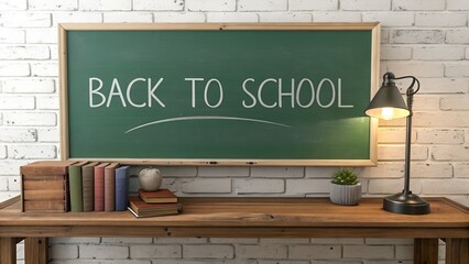 Green chalkboard with written and a wooden table with empty space.