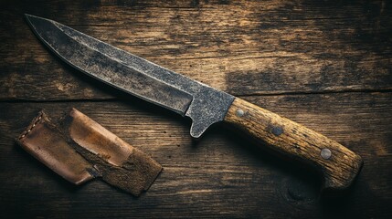 Flat lay of a handmade hunting knife with raw materials on a wooden table
