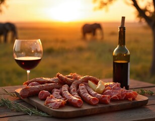 South African biltong and sausage platter with red wine enjoyed at a bush camp. Wildlife including elephants visible in savanna landscape during sunset. Rustic, handmade fare for safari adventure.