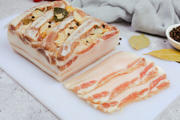 Raw pork fat with garlic. Salo. lard.