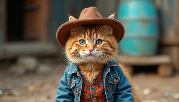 Whimsical ginger cat dons tiny cowboy hat, denim jacket over spotted shirt. Adorable pet exudes playful charm, high-quality portraiture, making trendy, joyful, funny addition for various creative - Powered by Adobe