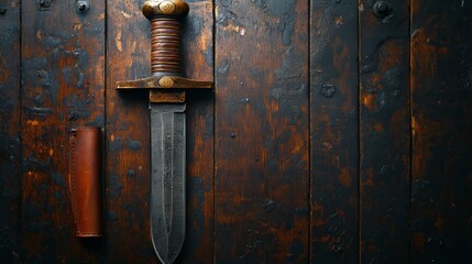 Fototapeta premium Flat lay of a handmade hunting knife with raw materials on a wooden table