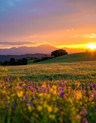 Obraz premium Golden sunset over a field of wildflowers