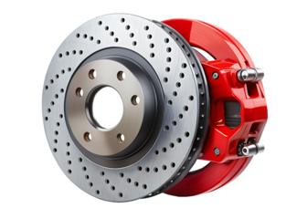Car brake disc and red calipers isolated on white background PNG,AI GENERATED