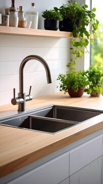 Modern kitchen with a double sink and plants