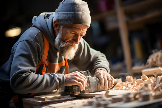 Skilled carpenter working diligently in a woodshop during late afternoon hours