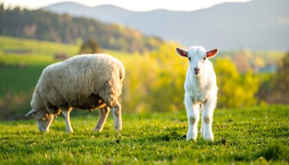 Young goat and sheep in a grassy field.