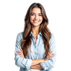 Smiling young woman with long wavy brown hair wearing a light blue collared shirt arms crossed isolated on transparent background