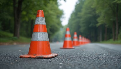 Orange traffic cones with reflective stripes line asphalt road in green urban setting. Cones serve as essential safety equipment for roadwork, construction, traffic control, marking temporary hazards