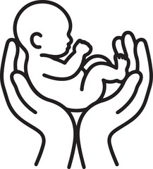 Newborn Baby Cradled in Hands — Infant Care, Protection and Support Line Art Vector Icon