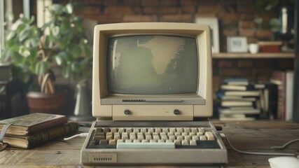 An old computer sitting on a wooden table, great for retro-themed designs or historical scenes