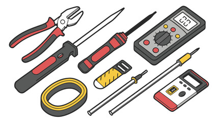 Electrical Tools Set Vector Illustration, Electrician Equipment Collection with Pliers, Screwdrivers, Multimeter, Tester, Wire Cutter, Drill, and Insulation Accessories