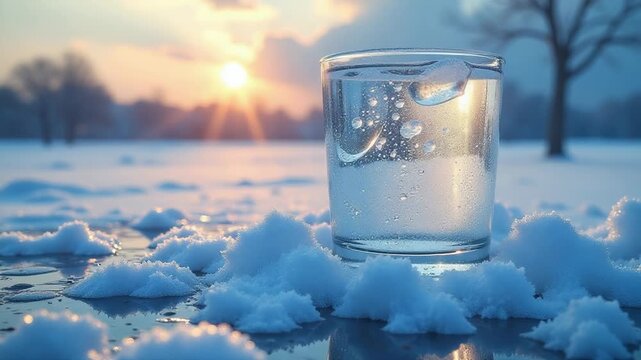A glass of water sits atop snow-covered ground, perfect for use in winter-themed contexts or as a symbol of purity