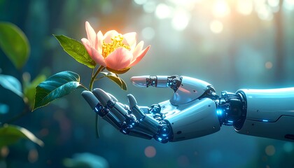 Robot hand holding a flower