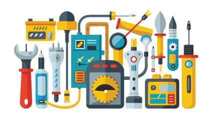 Electrical Tools Set Vector Illustration, Electrician Equipment Collection with Pliers, Screwdrivers, Multimeter, Tester, Wire Cutter, Drill, and Insulation Accessories