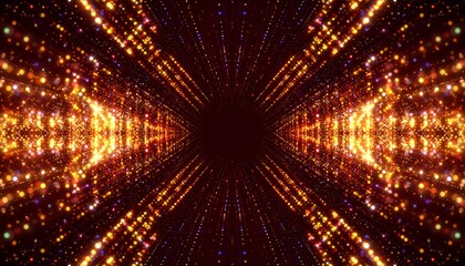 A vibrant tunnel effect, filled with golden and reddish-orange shimmering particles, creates a captivating and dynamic visual experience.