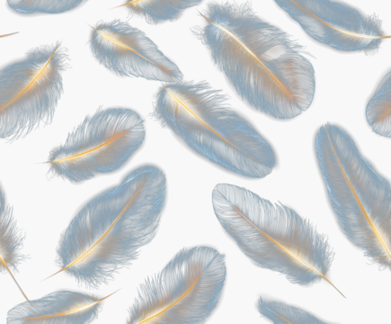 Seamless pattern of translucent floating feathers with glowing soft edges, set on a transparent background. The delicate shapes create an airy, ethereal and luminous decorative design. PNG