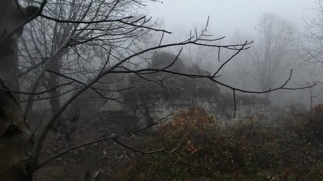 A ruined old shack in the fog