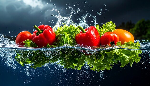 Fresh vegetables in water with splashes